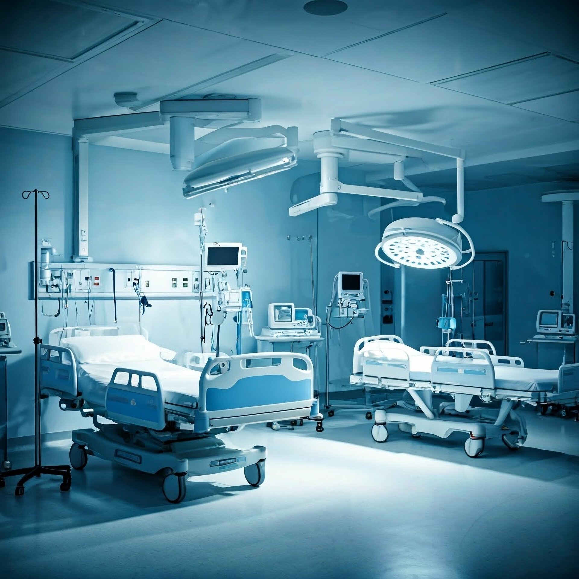 Acute care hospital room with medical equipment beds and monitoring devices