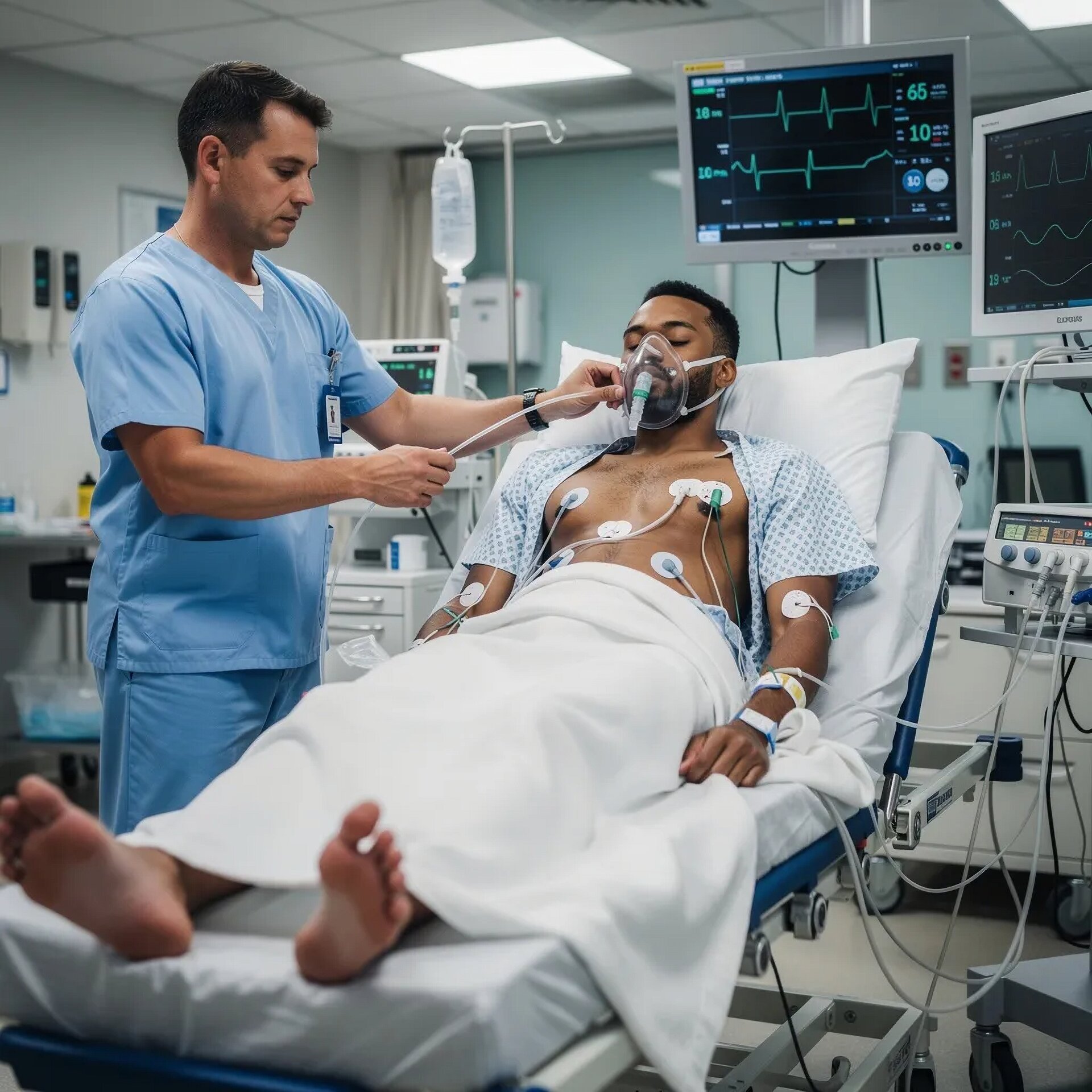 Nurse providing acute care to ICU patient with oxygen mask and heart monitor