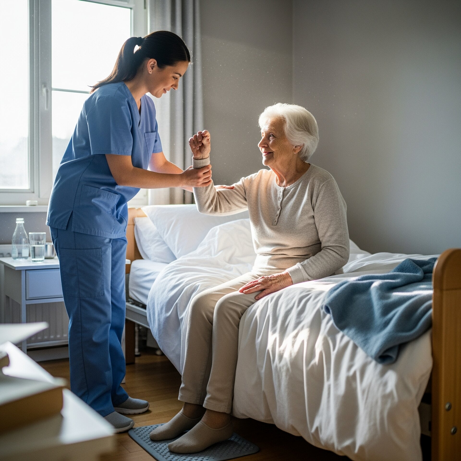 Nurse providing compassionate in-home hospice care to elderly patient